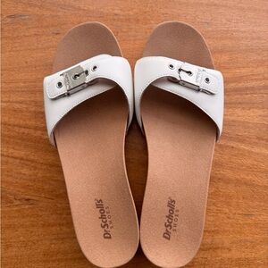 Dr Scholl’s Original Too White Buckle Slide Sandals with Tan Footbed